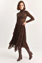 Women's Patterned Lined Asymmetrical Cut Elastic Waist Midi Bitter Brown Skirt - 6