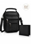 Men's Black Steel Case Genuine Leather Hand and Shoulder Bag with Adjustable Strap (Medium Size) and Wallet