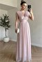 Powder Pink Double-Breasted Collar Pleated Waist Draped Long Evening Dress - 4
