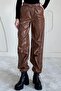 Camel Faux Leather Elastic Pants - 2