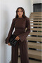 Brown Back-Tie Padded Blouse and Trousers Set - 5165 - 2