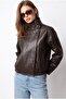 2218 Women's Stand Collar Epaulet Leather Bomber Jacket Brown - 6