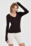 Women's Brown V-Neck Slim Fit Finger-Loop Ultra Soft Flexible Lycra Cotton Basic Body&Blouse - 5