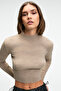 Calida women's Mock Neck Corded Fabric look Slim Fit beige knit sweater