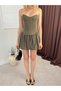 Women's Khaki Dress Strapless Sweetheart Neckline Corset Look Balloon Skirt Mini - 3