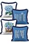 Blue Hydrangea Flower Patterned 4-Piece Fringed Cushion Cover Set with Text Detail