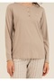 Women'S, Button Detailed, Beige, Striped, Long Sleeve Pajama Set (with Socks as a Gift) - 5