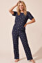 Navy Blue Floral Patterned Cotton Ribbed Camisole Knitted Pajama Set 26120402 - 2
