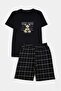 Black Regular Teddy Bear Printed Plaid Shorts- T-Shirt Knitted Pajama Set Tmnss26Pt00067 - 4