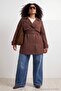 Kahverengi Oversize Fit Beli Kemerli Teknik Kumaş Trençkot TBBAW25BM00004 - 3