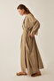 Linen Abaya with Pleated Collar Detail Camel - 7