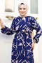 Brush Patterned Waist Belted Dress TSD240228 Indigo - 2