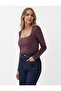 Bitter Brown Square Neck Slim Fit Long Sleeve Knitted Blouse - 2