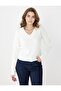 Ecru V-Neck Hair Knit Patterned Knitwear Sweater