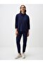 Navy Blue Loose Fit Three Quarter Sleeve Hooded Knitted Sweatshirt - 2
