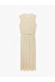 Sleeveless Crew Neck Slit Detail Shiny Pleated Pleated Long Dress with Belt - 4