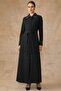 Satin Trimmed Collar and Sleeves, Stone Embellished Lined Overcoat Black 6841