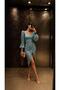 Mint Square Neck Balloon Sleeve Slit Satin Evening Dress 582693 - 2