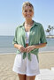 Light Green Shirt Collar Short Sleeve Unfastened Washable Front Knot Tie Casual Woven Blouse 62 67 - 4