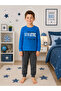 Boys' 100% Cotton Blue Athletic Patterned Long Sleeve Winter Pajama Set