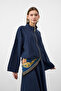 Navy blue women's tencel fabric skirt with belt detail, flowy textured jacket and skirt set. - 4