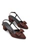 Pointed Brown Toe Thick Heeled Women's Shoes with Bow Detail