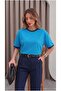 Women's Blue Navy Blue Piping Garnished Medium Thick Soft Fabric Crew Neck Half Oversize Casual T-Shirt - 2