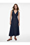 Seam Detailed Flounce Comfortable Fit V-Neck Sleeveless Long Denim Dress