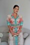 Green Patterned Button Detailed Belted Midi Length Premium Linen Dress