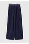 Women's Navy Blue Viscose Blend Striped Belted Wide Leg Trousers - 2