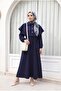 Collared Cape Detailed Crepe Dress with Belt Elastic Sleeves - Navy Blue - 3