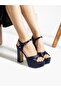 Navy Blue Satin Heeled Women's Shoes - 2