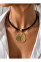 Brown Braided Leather Cord Textured Round Gold Necklace