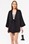 Women's Black Linen Look Front-Tie Kimono Shirt Arm-24Y001063 - 3