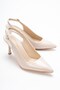 Women's Beige Shiny Single-Strap Comfortable Classic Heeled Shoes S4218 - 3