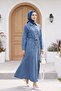 Shirt Collar Belted Half Buttoned Long Denim Dress - Ice Blue - 4