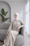 Women's Ecru Ribbed Loose Knitwear Dress Suitable for Hijab Wear - 2