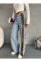 Light Blue Leopard Patterned High Waist Wide Leg Jeans with Side Stripes - 2