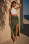 Khaki Drawstring Slit Maxi Skirt Sh160