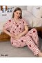 Neon 5 Button Red Heart Patterned Large Size Pajamas Set - 2