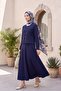 Leather Detailed Skirted Thessaloniki Suit with Buttons on the Front - Navy Blue - 3