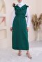 V-Collar Belted Long Jile Dress -Emerald
