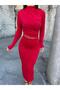Flexible Sandy Fabric Tulle Neckline Detail High Neck Long Sleeved Midi Length Pencil Dress Red 583154 - 3