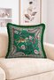 Green Fringed Throw Pillow Cover with Botanical Floral Pattern and Leopard and Monkey Figures - Vintage Decorative Pillow