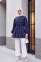 Stone Buttoned Shirt with Elasticized Sleeves and Tie Detail - Navy - 4