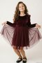 Girls' Long Sleeve Velvet Dress with Bow Accessories, Tulle Piece Ruffle, 4-8 Years, Burgundy - 2