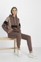 Women's Brown 3 Thread Zippered Hooded Sequin Sequin Embroidered Elastic Leg Tracksuit Set - 5203 - 5