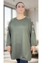 Window Detail on the Sleeves, Stone Embroidered, Bicycle Collar, Slit, Viscose Fabric, Extra Large Size Bluz