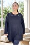 Embroidered on the Shoulders, Crewneck with Slits, Long, Loose-Fitted Viscose Fabric Extra Large Size Bluz - 4