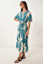 Patterned Belted Viscose Shirt Dress Lrn0046 Petrol Blue Bone - 2